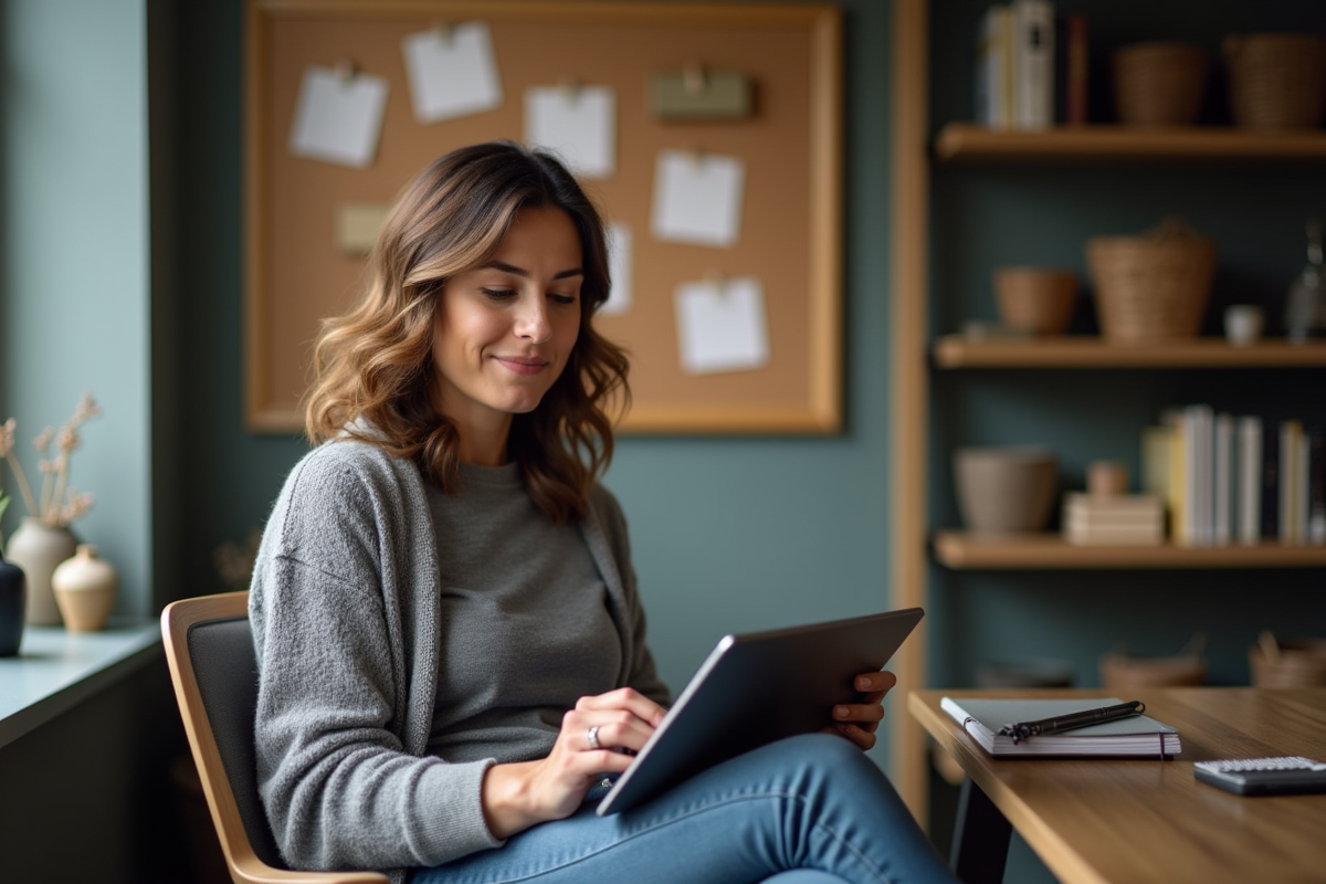 Femme détendue travaillant à son bureau à domicile