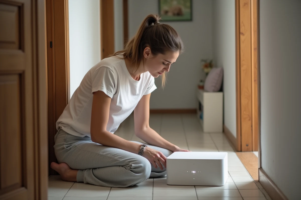Femme inspectant une box internet dans un couloir d