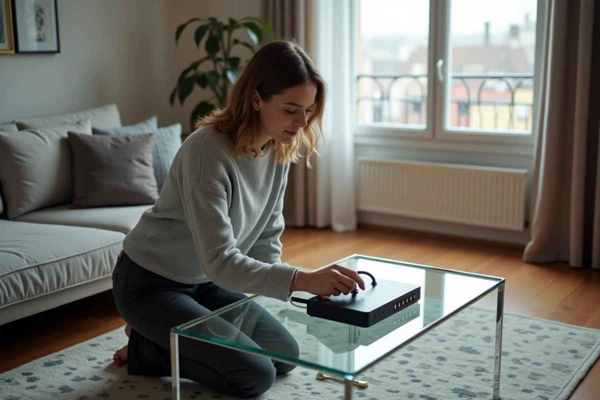 Femme vérifiant le câble fibre dans un salon urbain