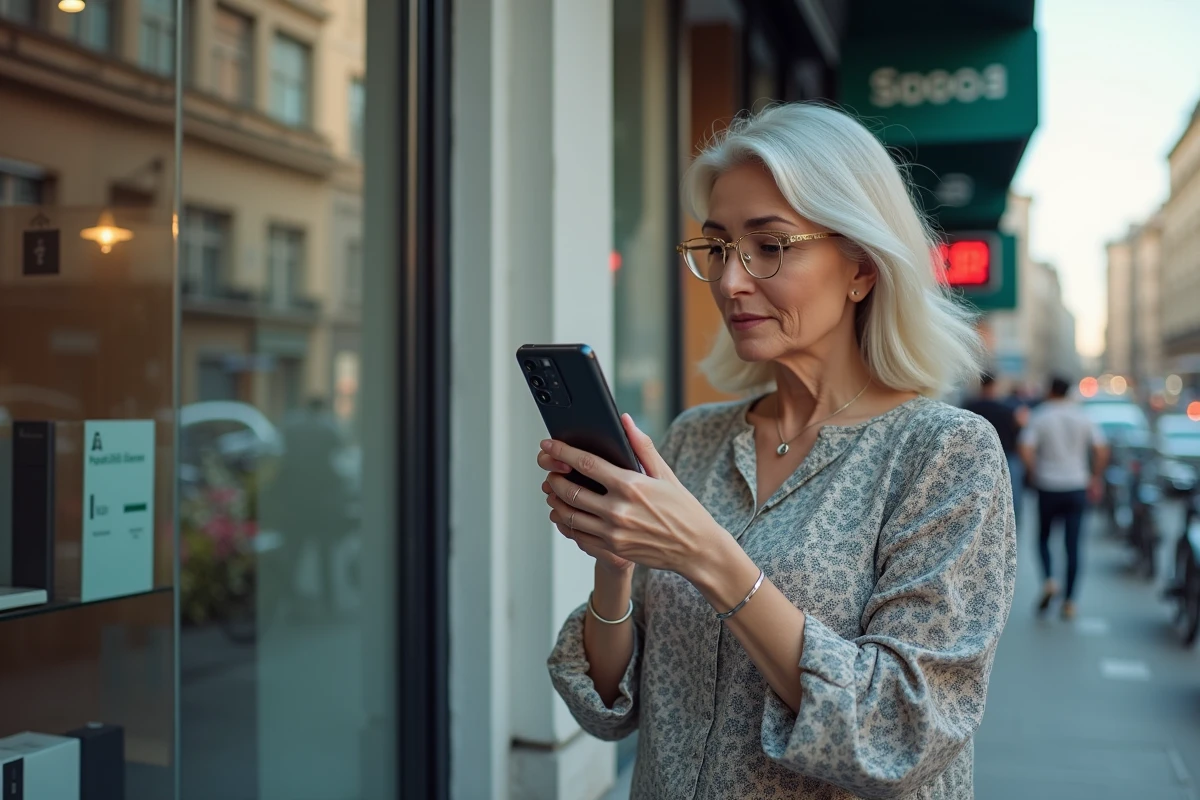 Femme regardant le Samsung A51 devant un magasin urbain