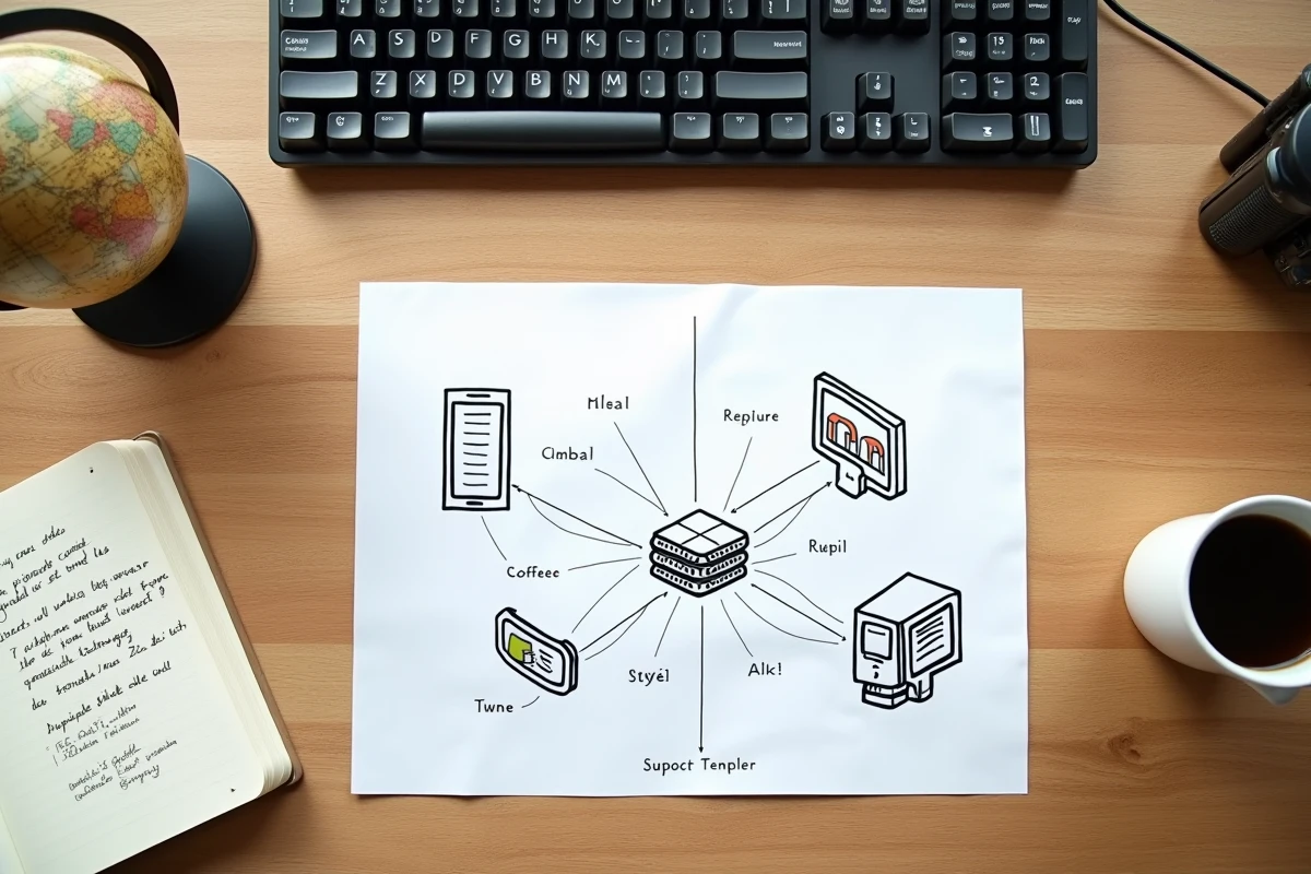 Vue aérienne d'un bureau avec un schéma imprimé illustrant la différence entre internet et le web, entouré d'un globe et d'un carnet de notes