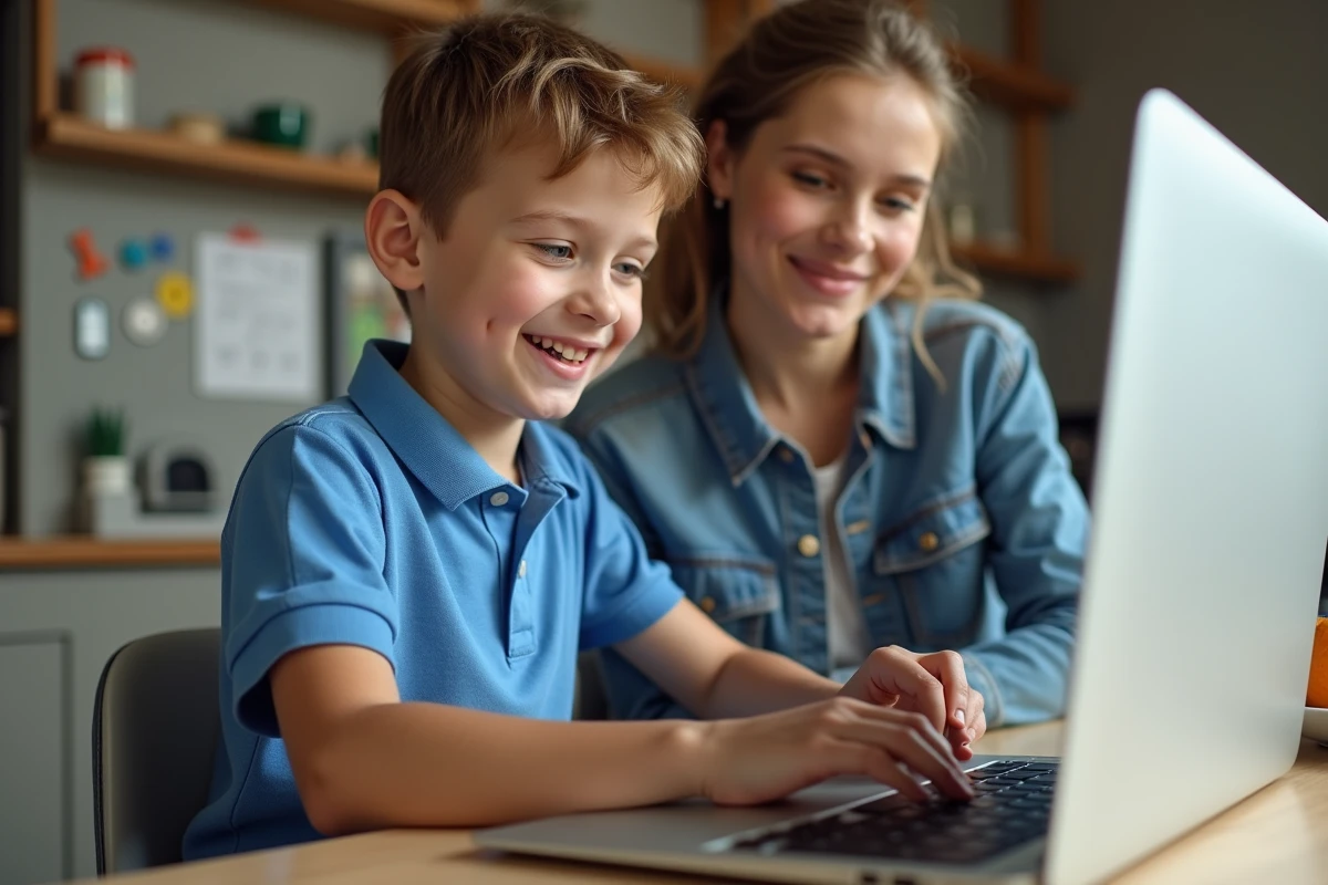 Garçon enthousiaste avec parent utilisant un ordinateur portable