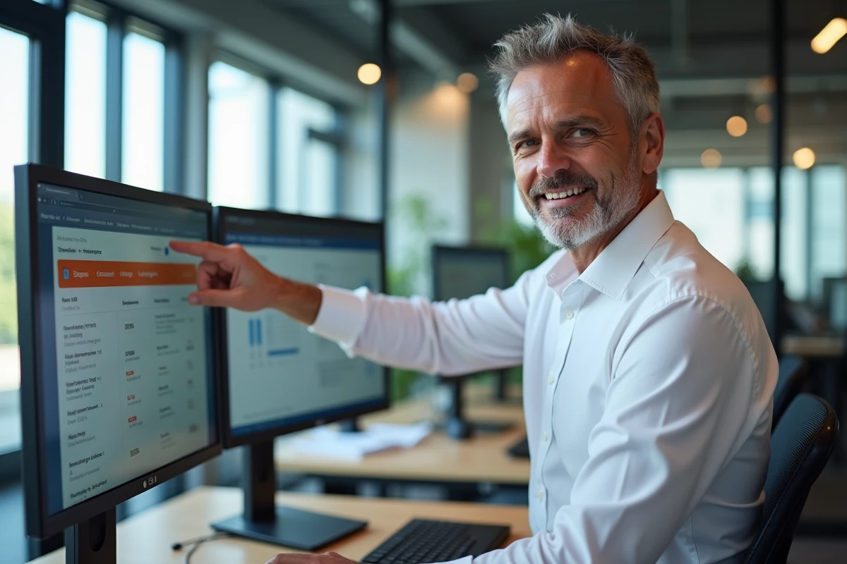 Professionnel gérant les paramètres d'un compte de stockage en ligne sur un poste de travail en bureau