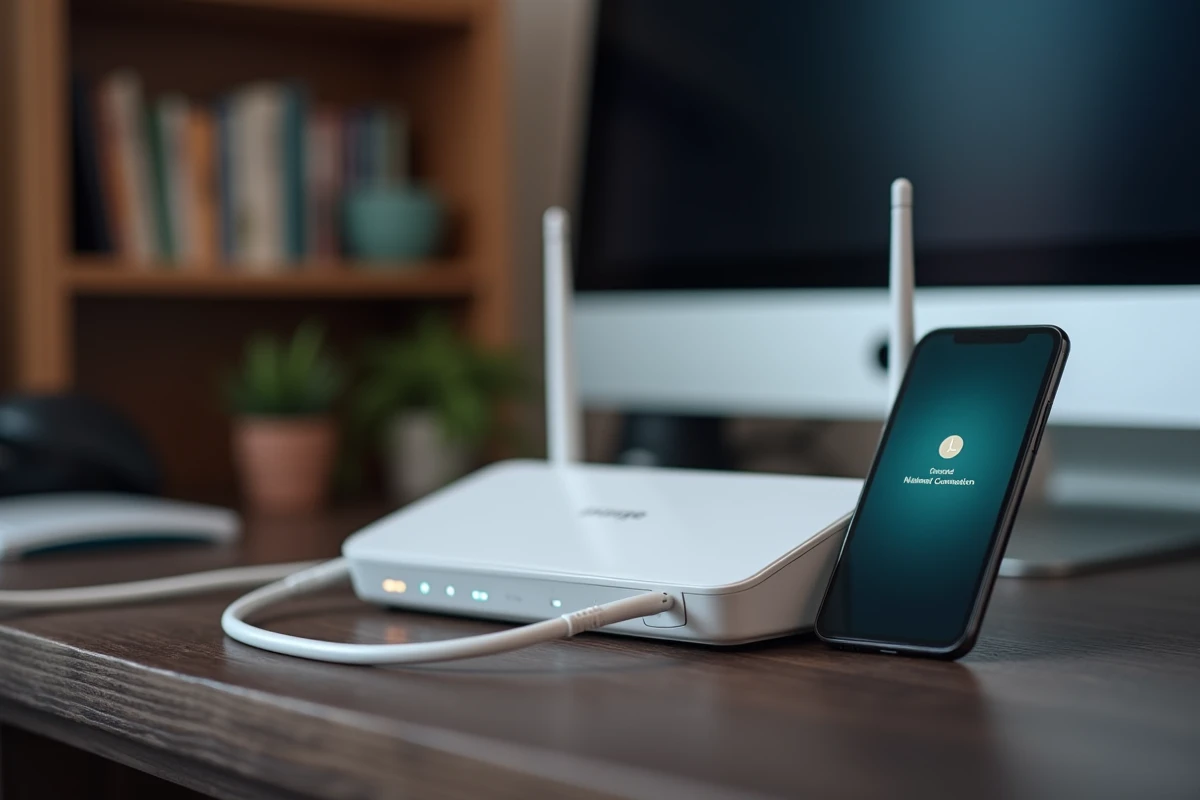 Gros plan sur une box Orange avec voyant blanc clignotant, câble Ethernet débranché et smartphone affichant une erreur de connexion