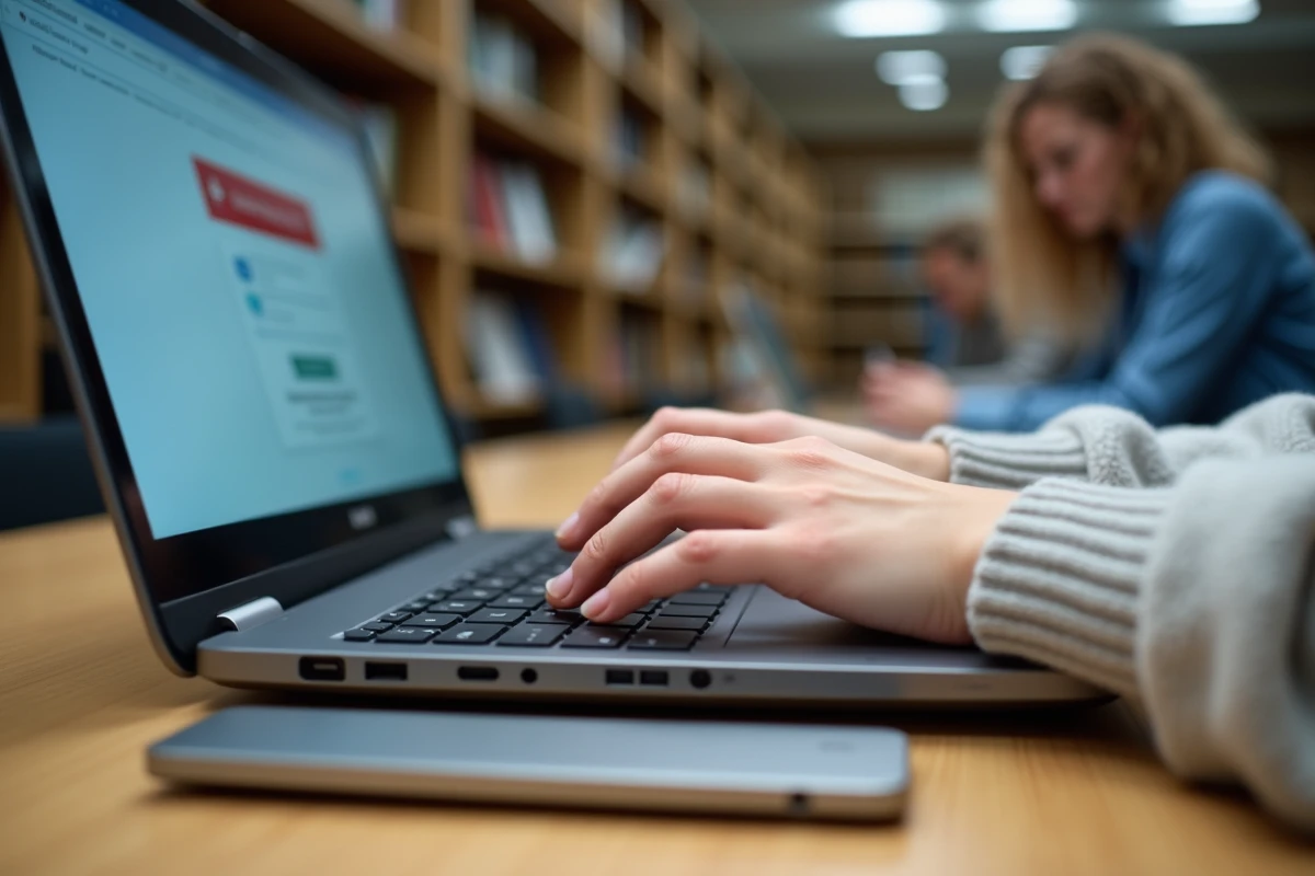 Gros plan de mains tapant sur un clavier d'ordinateur avec une erreur de connexion visible sur une interface webmail académique