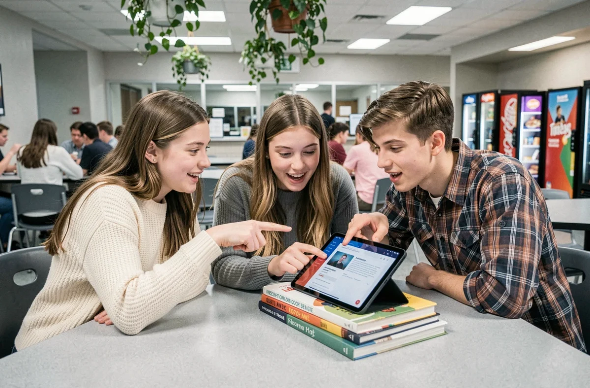 Groupe d'élèves discutant ensemble du contenu d'un blog scolaire sur une tablette dans la cafétéria du lycée