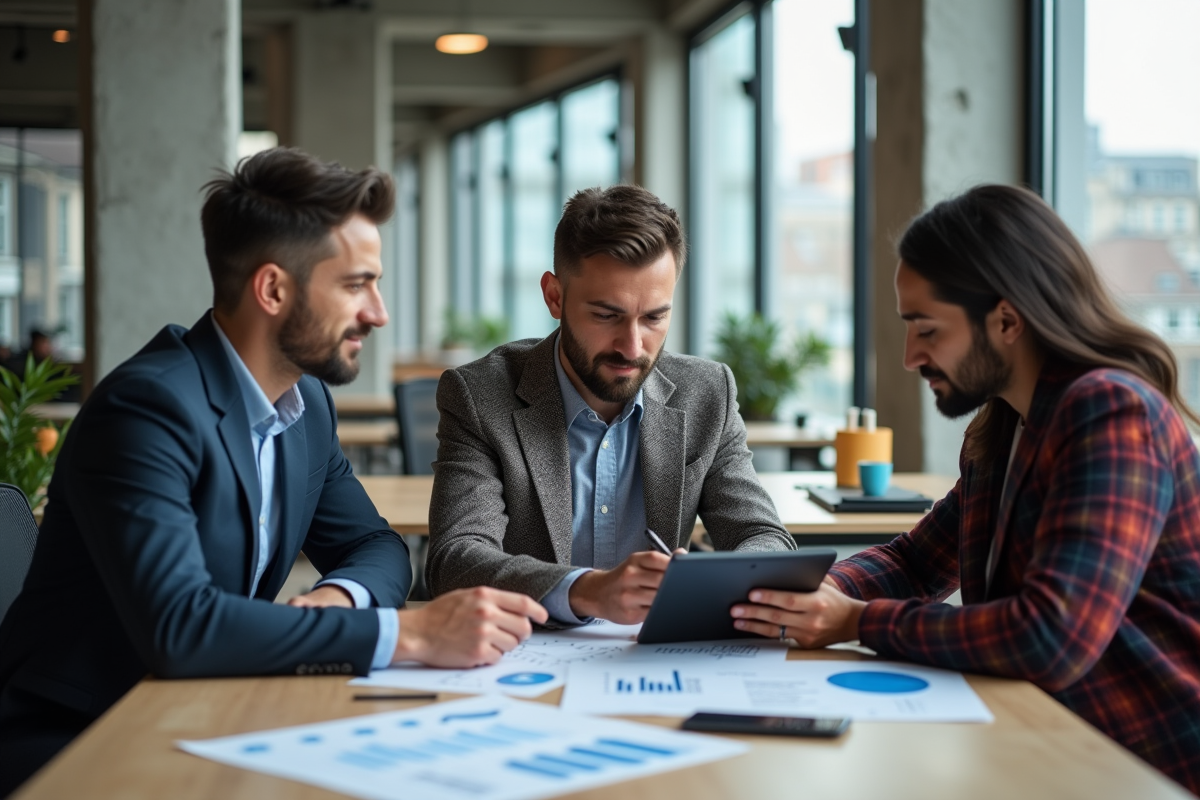 Groupe de trois marketeurs discutant autour d une table