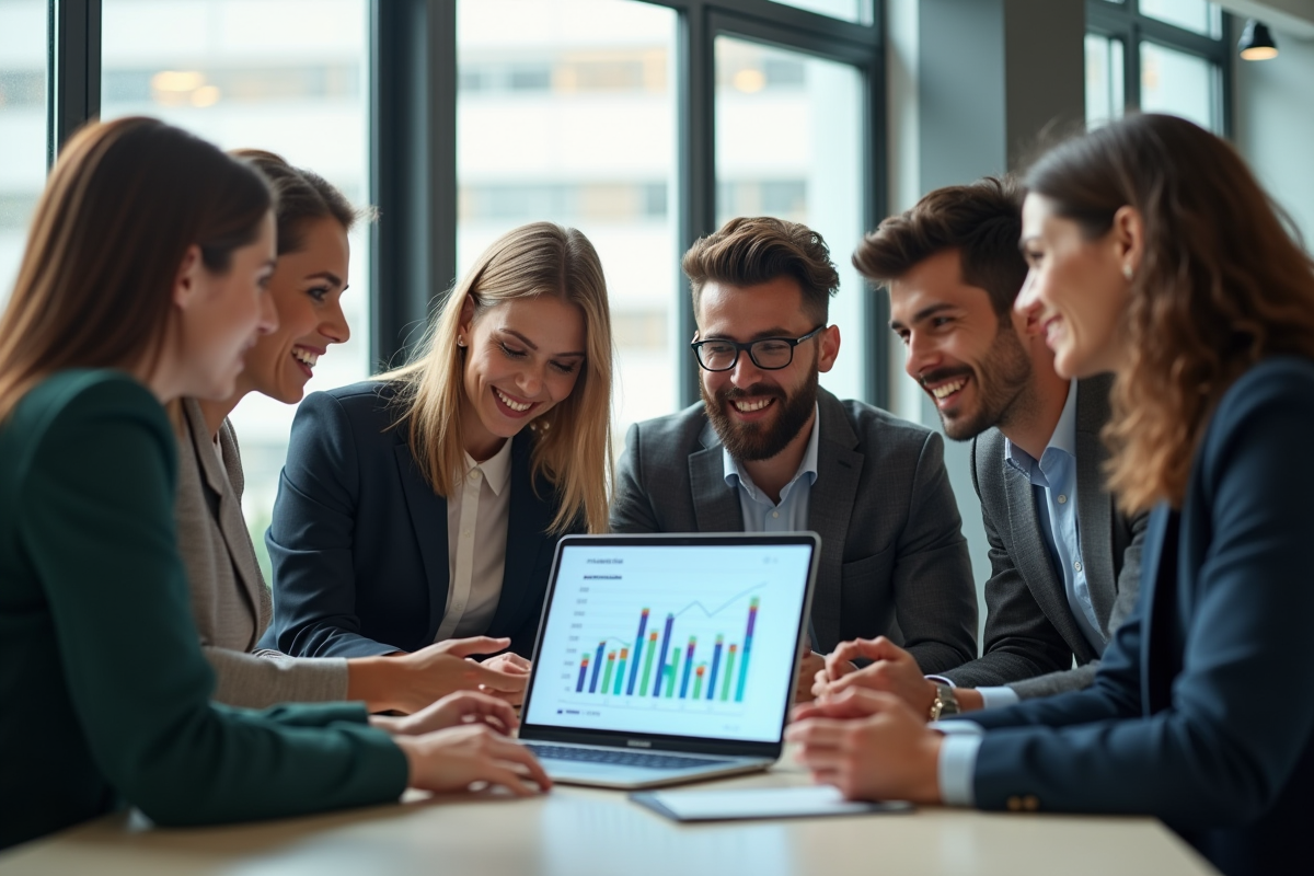 Groupe de professionnels dans un bureau moderne avec un graphique en hausse
