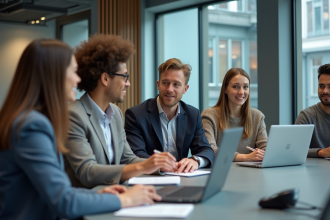 Groupe de professionnels dans un bureau moderne en réunion