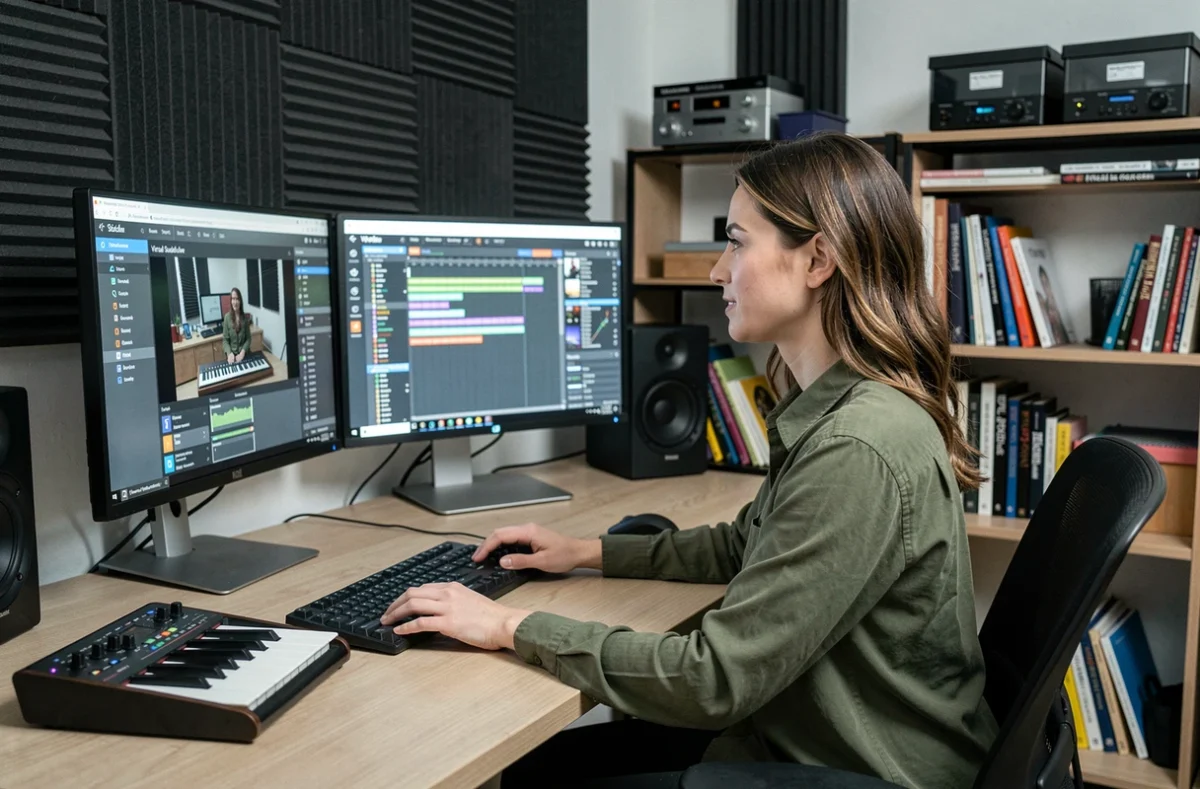 Femme ingénieure du son dans un home studio utilisant le logiciel Virtual StudioLive sur deux écrans pour préparer l'enregistrement d'un concert