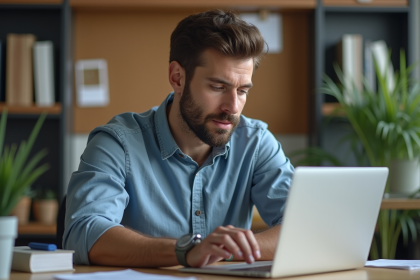 Homme concentré analysant des graphiques numériques dans un bureau moderne