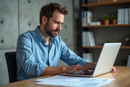 Homme concentré travaillant sur SEO dans un bureau moderne