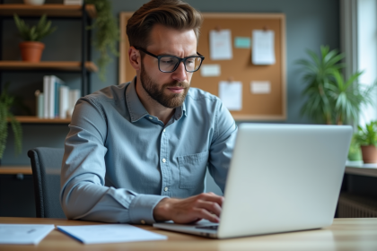 Homme concentré analysant des données SEO sur son ordinateur