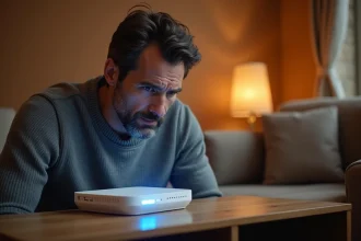 Homme regardant sa box internet Orange dont le voyant clignote en blanc, signe d'une perte de connexion