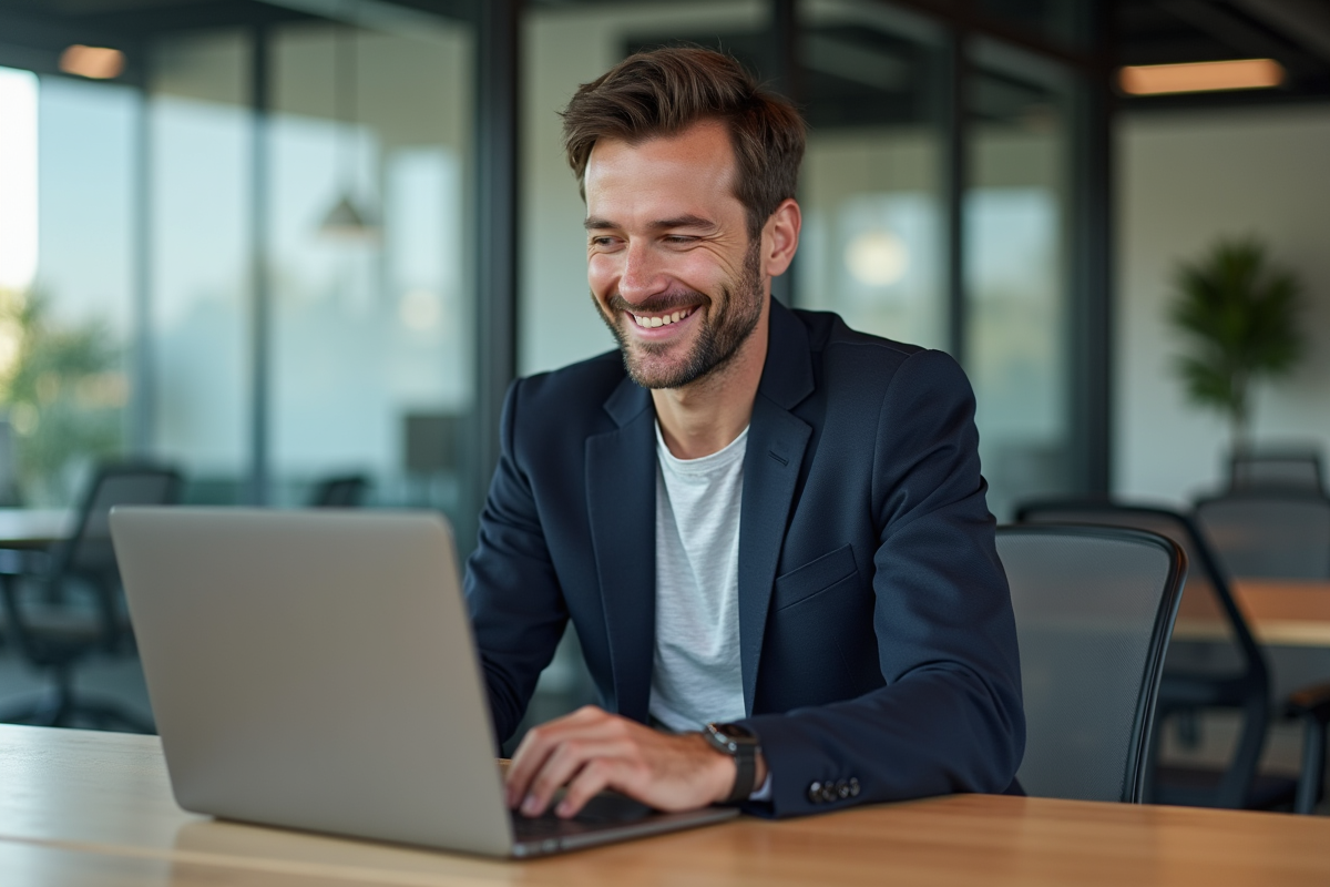 Homme souriant dans un bureau moderne et lumineux