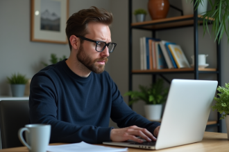 Jeune homme frustré devant son ordinateur à la maison