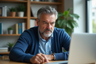 Homme d'âge moyen au bureau avec expression anxieuse