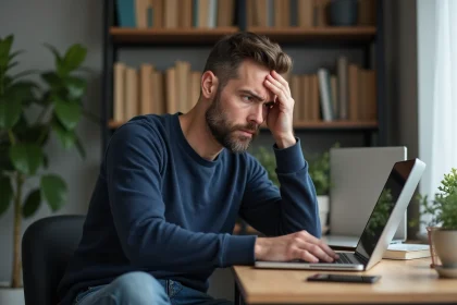 Homme en bureau moderne regarde son ordinateur avec frustration