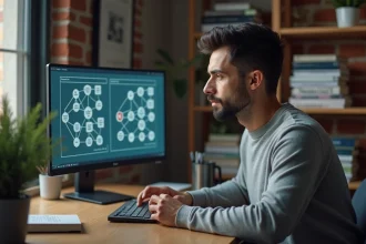 Homme en pull gris étudiant la différence entre internet et le web sur un écran d'ordinateur dans un bureau minimaliste