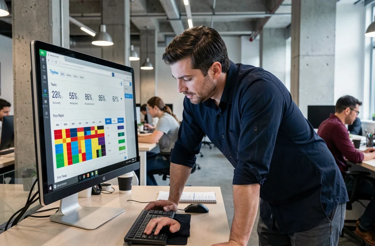 Homme professionnel examinant les statistiques de vitesse de frappe sur un moniteur dans un bureau moderne en open space