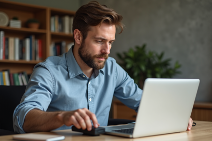 Homme d'âge moyen branchant un disque dur externe sur son ordinateur