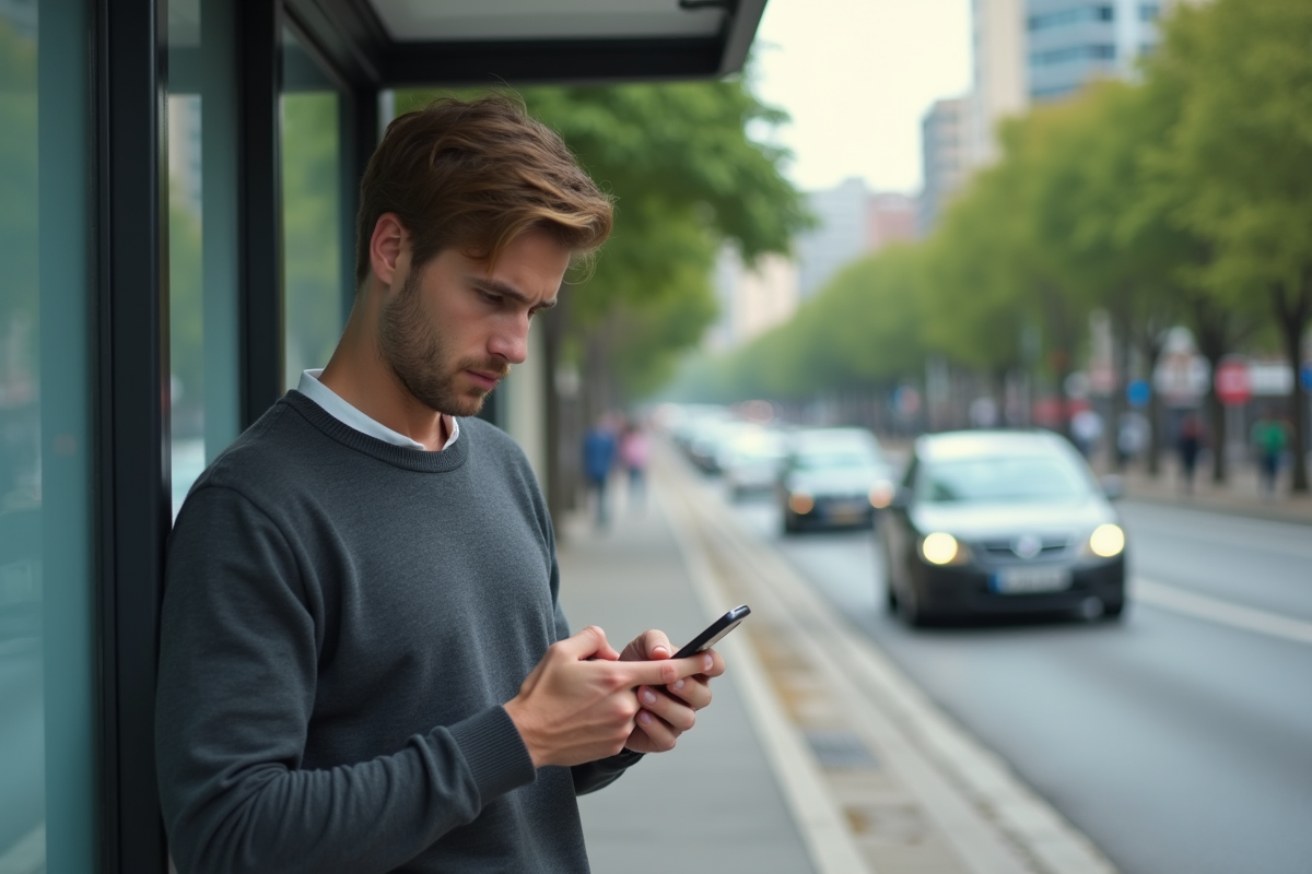Homme au arrêt de bus en ville regardant son téléphone
