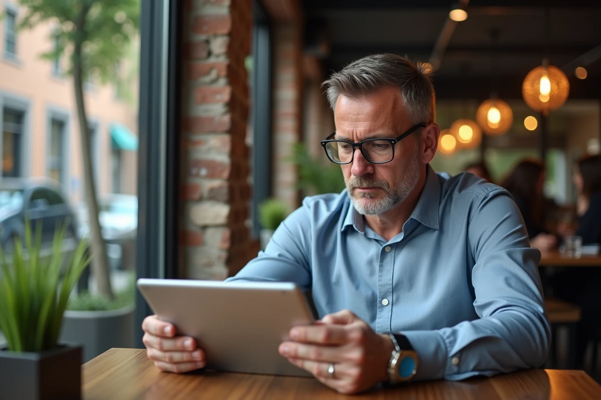 Homme au café naviguant sur tablette avec Notyube
