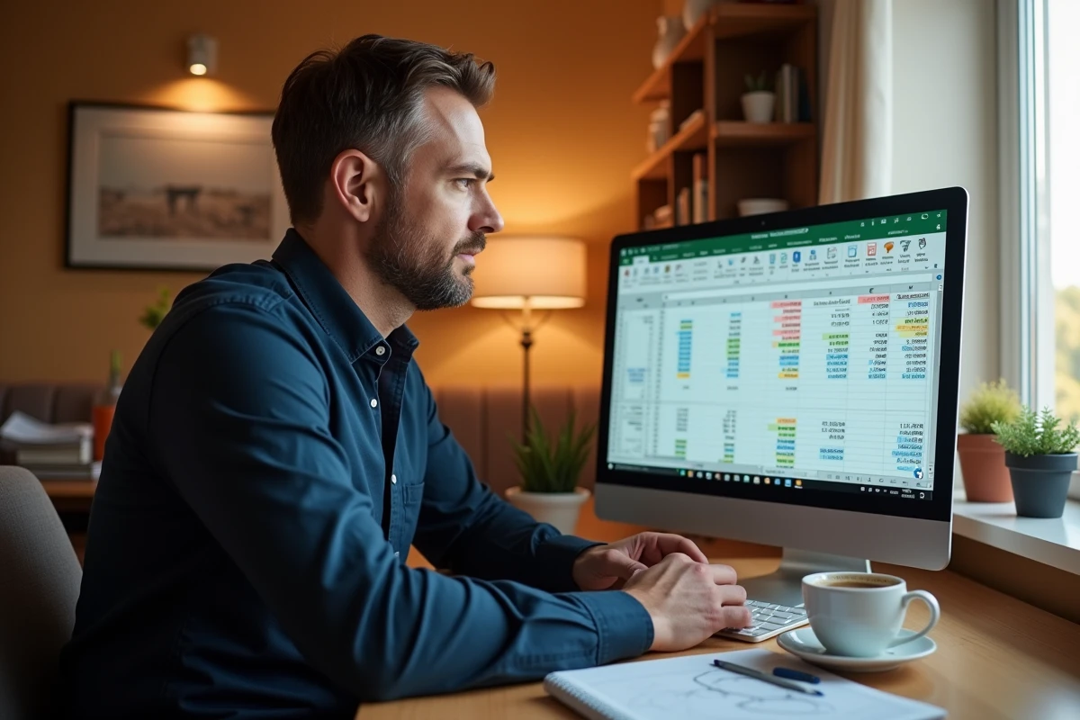 Homme travaillant sur un fichier Excel de calcul de moyenne pondérée depuis son bureau à domicile