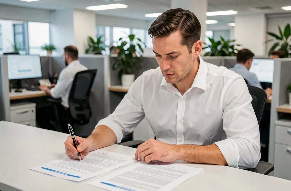 Homme en bureau comparant deux versions d'un texte reformulé imprimé sur papier