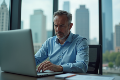 Homme d'âge moyen concentré sur son ordinateur au bureau