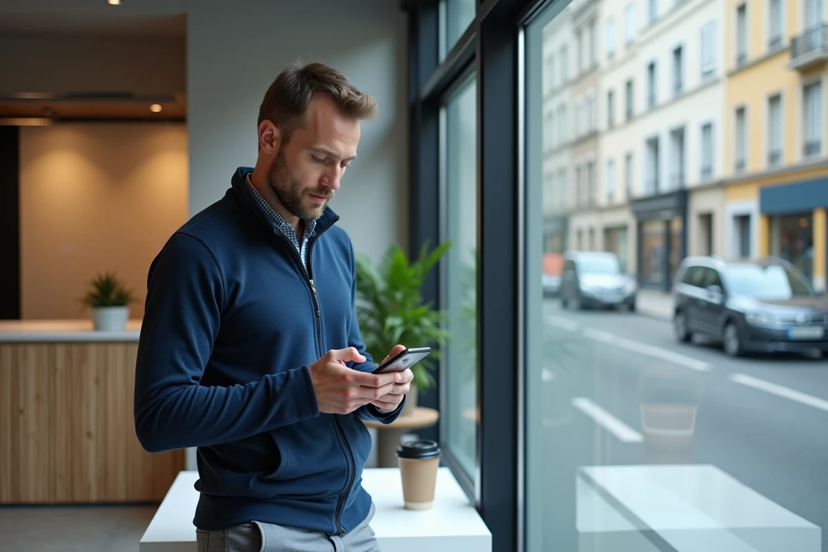 Homme consultant le service Mel Ouvert Versailles sur mobile dans un espace de coworking
