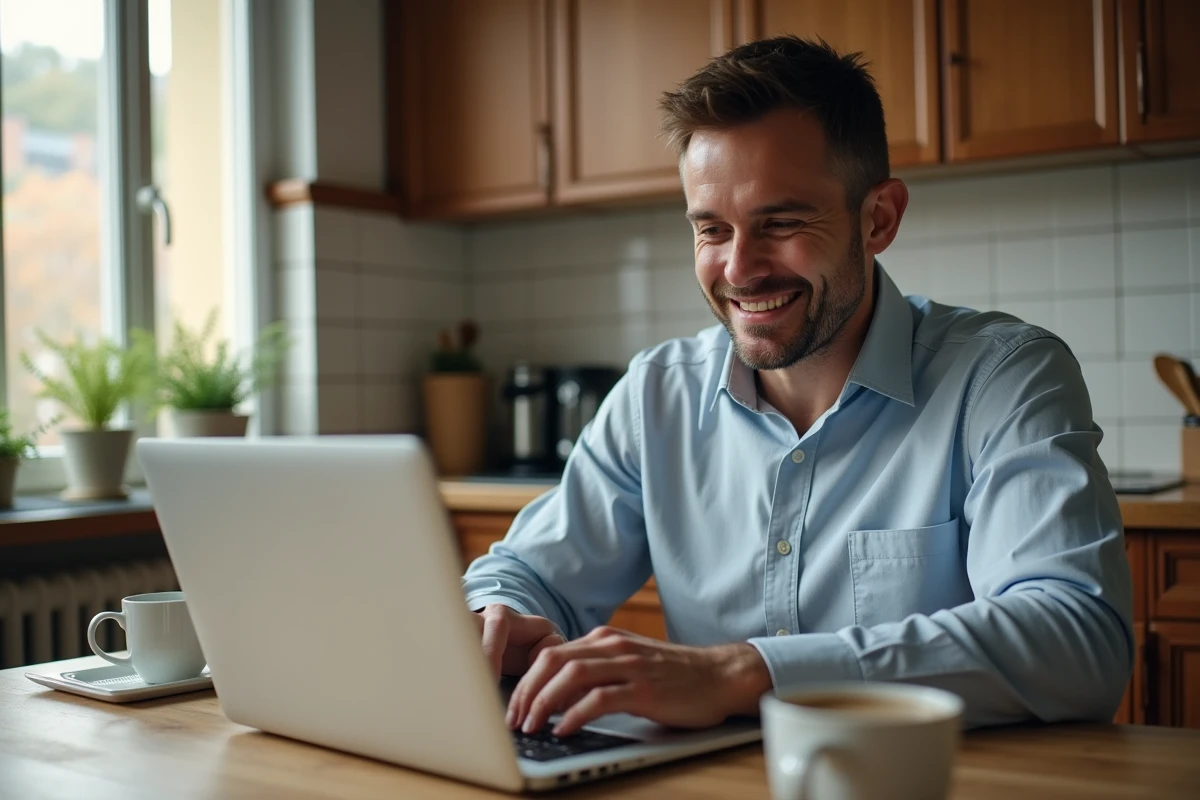 Homme souriant utilisant son ordinateur dans la cuisine