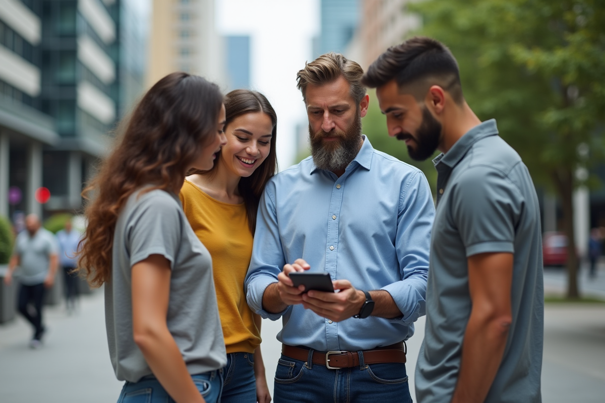 Homme montrant une application mobile à un groupe de jeunes