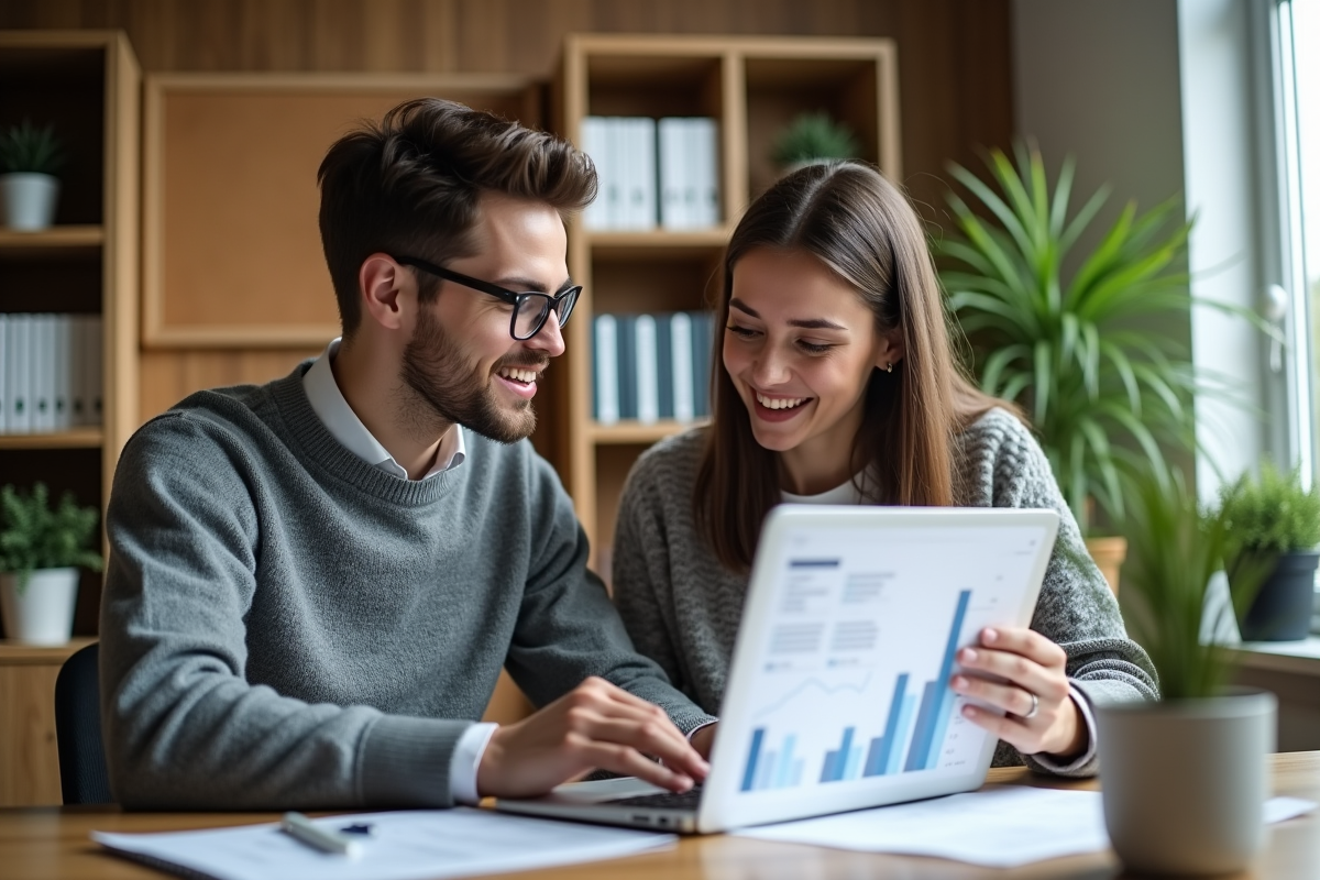 Jeune homme discutant de graphiques financiers avec collègue