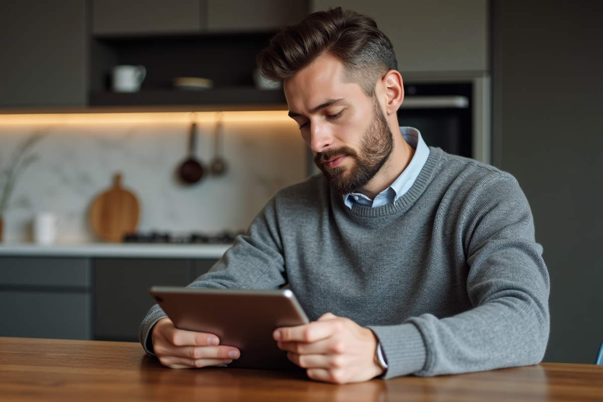 Homme à la maison gérant un email indésirable sur tablette