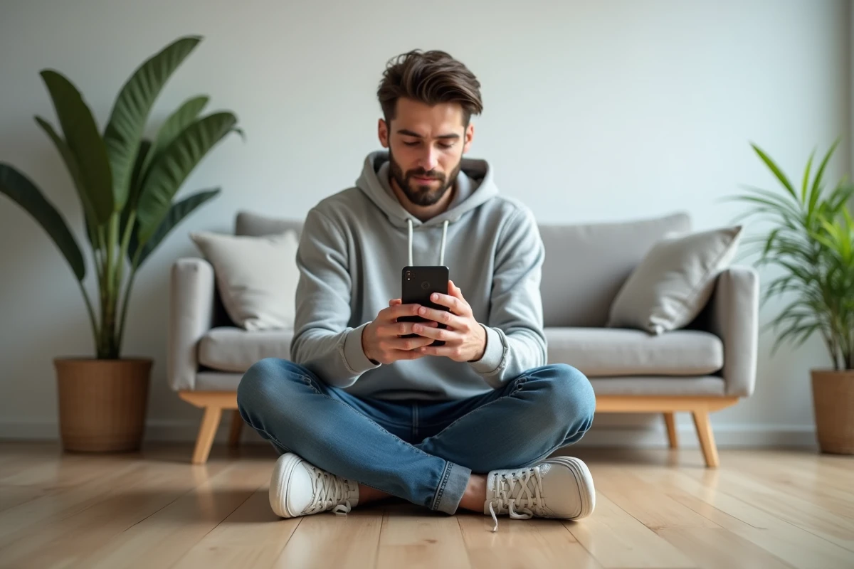 Jeune homme éditant un GIF sur son smartphone dans un salon minimaliste