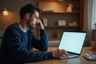 Homme frustré devant un écran d'ordinateur portable affichant une page blanche, tentant de résoudre une erreur de connexion Freebox