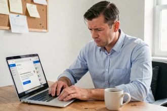 Homme frustré devant son ordinateur portable avec une erreur de messagerie webmail affiché à l'écran dans un bureau à domicile