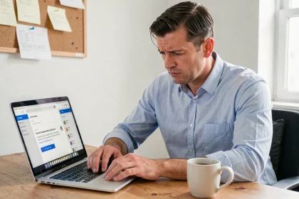 Homme frustré devant son ordinateur portable avec une erreur de messagerie webmail affiché à l'écran dans un bureau à domicile