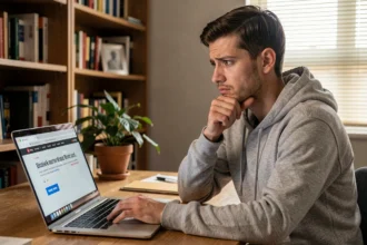 Homme frustré devant un ordinateur portable affichant un message d'erreur de site de musique bloqué sur navigateur