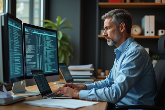 Homme informaticien en bureau avec ancien et nouveau logiciel