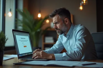 Homme inquiet au bureau regardant un message d'erreur sur son ordinateur