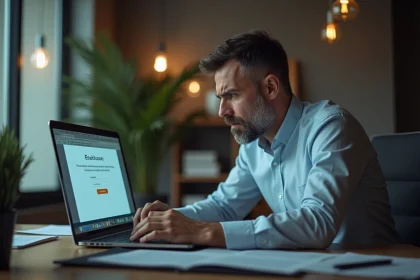 Homme inquiet au bureau regardant un message d'erreur sur son ordinateur