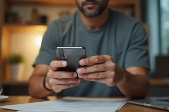 Homme inspectant un Huawei P10 Lite avant de le revendre, assis à un bureau en bois à la maison