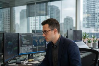 Homme en surveillance réseau dans un bureau moderne