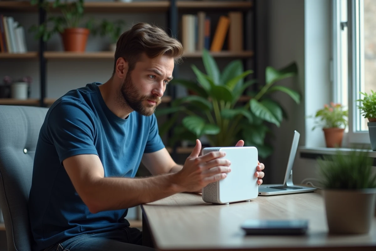 Homme examinant un modem fibre optique dans un bureau moderne
