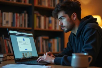 Jeune homme frustré devant son ordinateur portable tentant d'accéder à une application de lecture de manga en panne