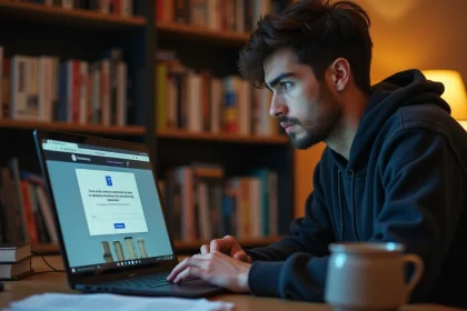 Jeune homme frustré devant son ordinateur portable tentant d'accéder à une application de lecture de manga en panne