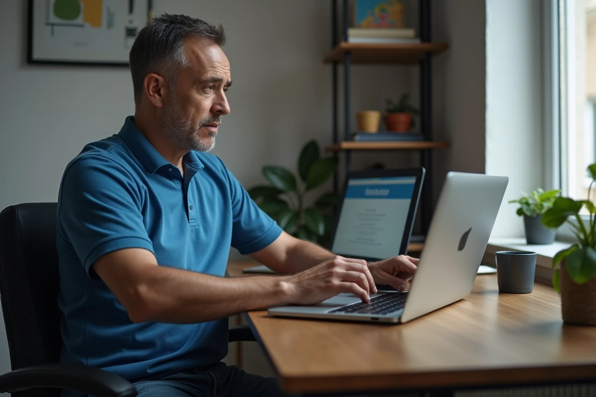 Homme d'âge moyen face à un ordinateur avec alerte Windows Defender