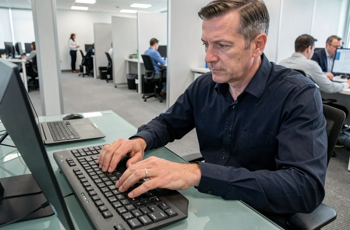 Homme utilisant le pavé numérique d'un clavier pour saisir un È majuscule accentué au bureau